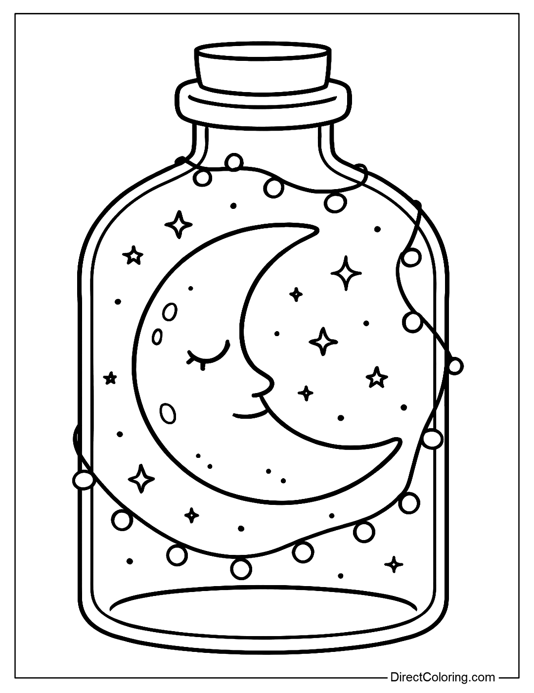A bright moon coloring page in a glass bottle, surrounded by sparkling small lights